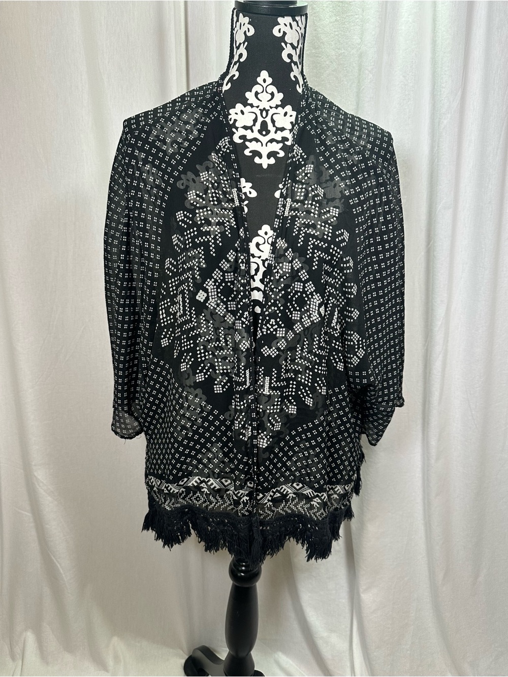 Black & White Boho Fringe Open Kimono or Coverup